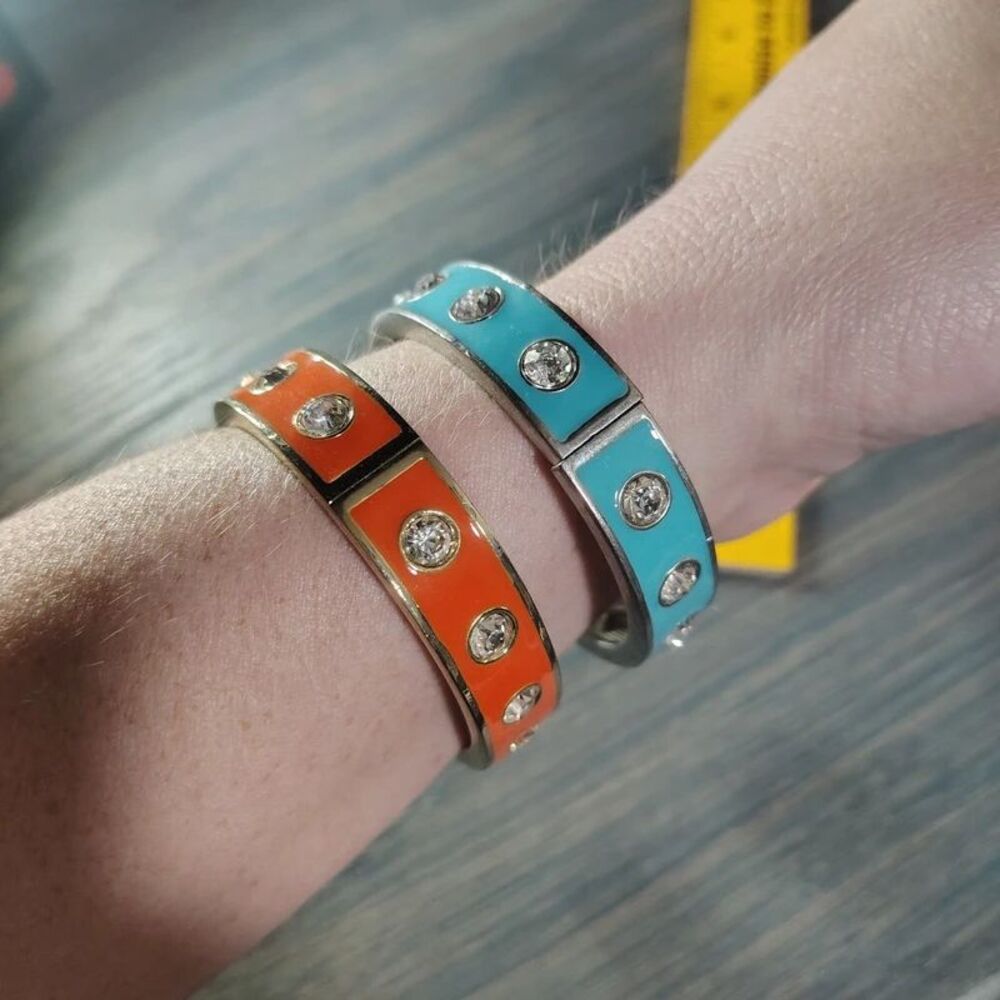 Orange & Turquoise Oval Rhinestone Enamel Bangles - Picture 2 of 6